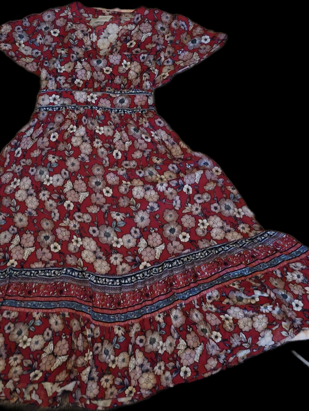 Knox Rose Red Floral Maxi Dress with Trimed Hem Lg.